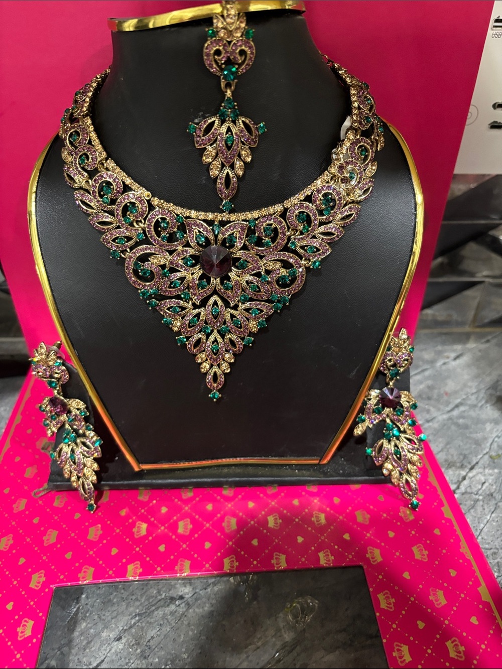 Elegant Green and Purple Crystal Bridal Necklace Set - Brand